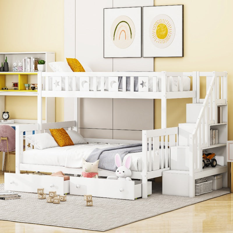 Hoogslaper – Stapelbed – Kinderbed – Mezzaninebed – Halfhoogslaper – Stabiele Trap – 2 Grote Lade Opbergruimtes – 90x200 & 140x200 cm – Wit Modern Design