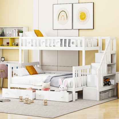 Hoogslaper – Stapelbed – Kinderbed – Mezzaninebed – Halfhoogslaper – Stabiele Trap – 2 Grote Lade Opbergruimtes – 90x200 & 140x200 cm – Wit Modern Design