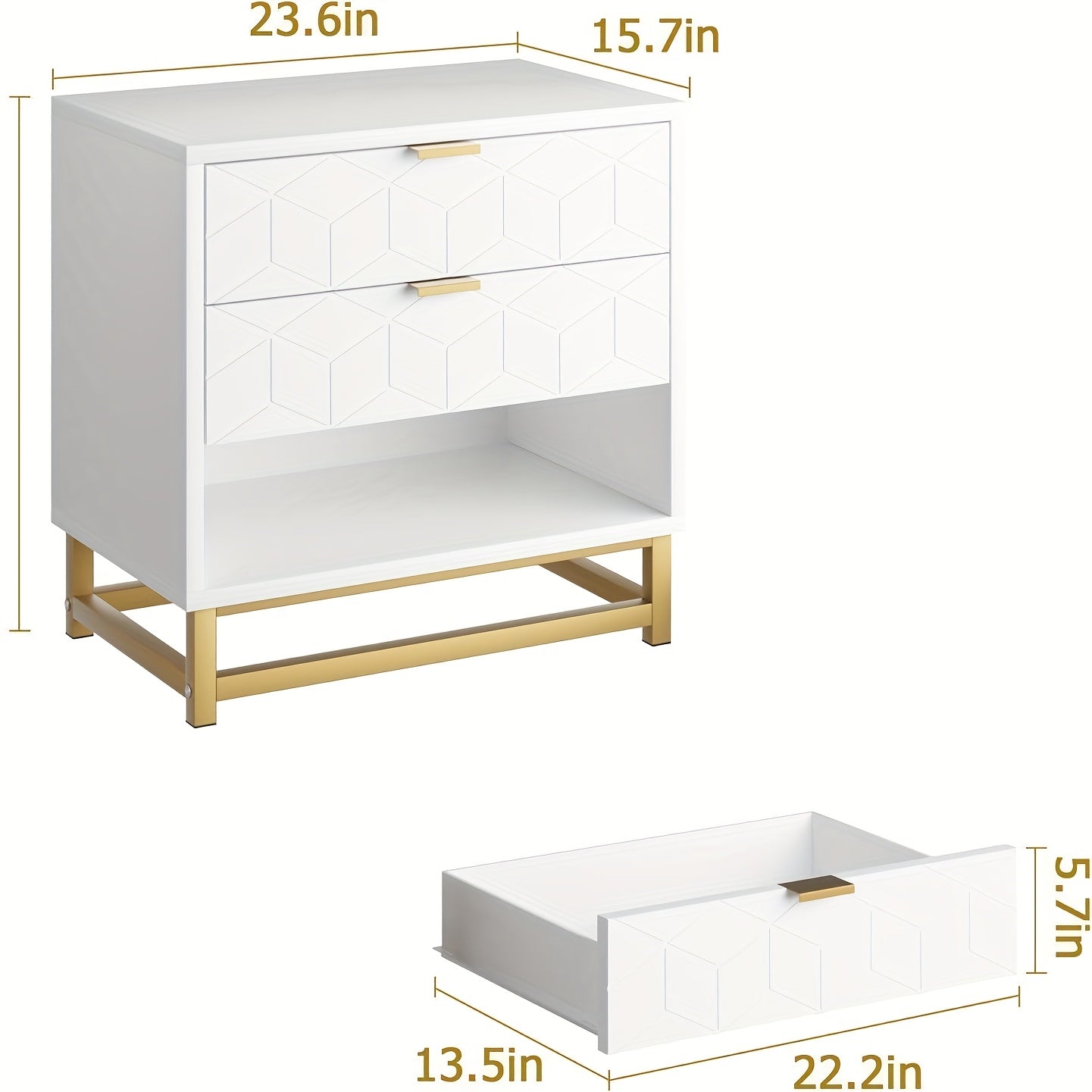 Nachtkastje – Bijzettafel – Nachtkast – Bedkastje – Ladekastje – 4 Lades – Ruimtebesparend Design – Hout en MDF – Goudkleurige Metalen Poten – Geometrisch Patroon – 60x40x64 cm