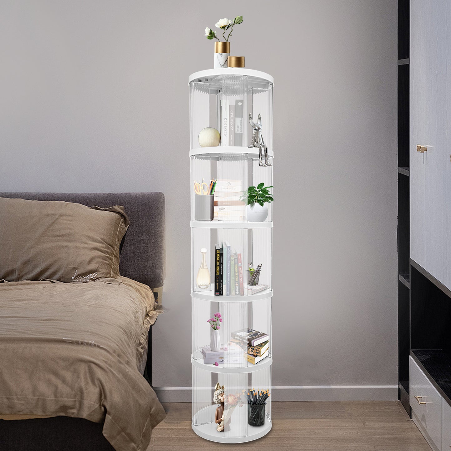 Draaibare Boekenkast – Rondebladkast – Boekenrek – Opbergkast – Draaisysteem – Modern Design – 5 Transparante Planken – Ruimtebesparend & Duurzaam ABS-PET