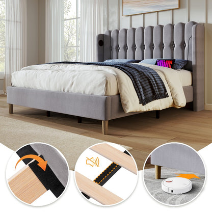 Tweepersoons Bed – Stalen Bedframe – Stoffen Bed – Platformbed – Slaapbank – Vooraf Gemonteerd – 140x200 cm – Fluwelen Hoofdbord