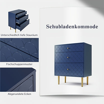 Ladekast – Ladenkast – Commode – Dressoir – Opbergkast – Navy Blauw Met Gouden Poten – 3 Lades – Stabiele Metalen Constructie – Compact 89 cm Hoog