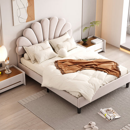 Tweepersoonsbed – Gestoffeerd Bed – Velours Bed – Slaapbed – Bedframe – 140 x 200 cm – Uniek Bloemvormig Hoofdbord – Zachte Huidvriendelijke Bekleding Beige