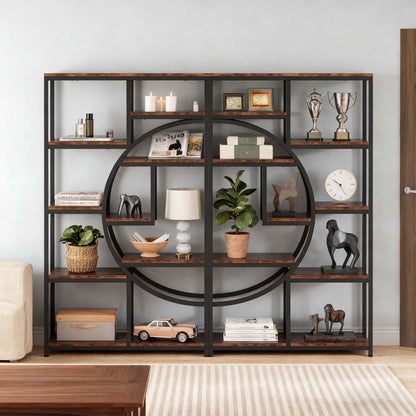 Tall 5-Tier Industrial Bookcase with 9-Shelf Open Storage - Rustic Modern Freestanding Shelving Unit Suitable for Living Room, Bedroom, Christmas Decor - Wood & Metal Frame, Assembly, Space-Saving Vertical Organizer