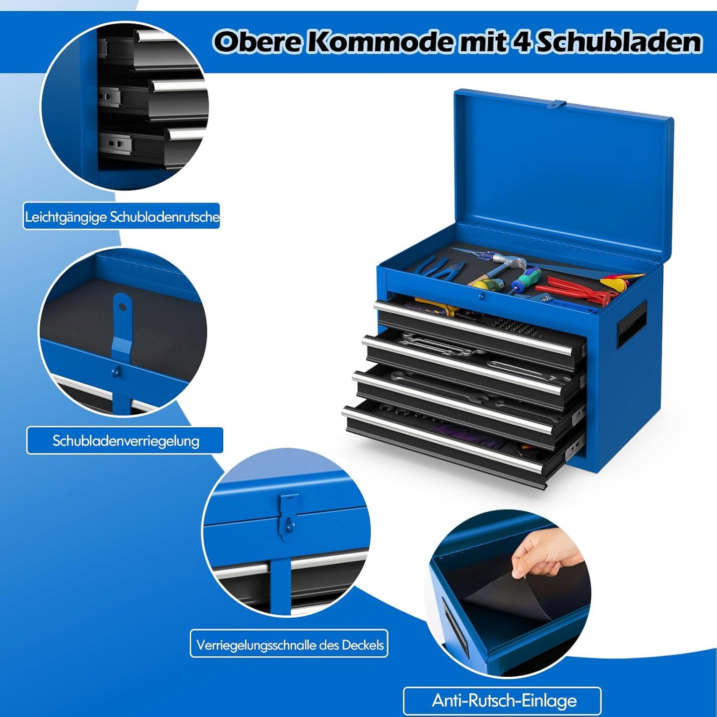 Werkplaatswagen – Gereedschapswagen – Gereedschapskast – Werkbank – Toolcart – 2-in-1 Afneembaar Ontwerp – 100 Kg Draagvermogen – Blauw – Verstelbare Plank – Vergrendelbaar