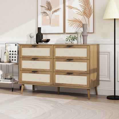 Ladekast – Ladenkast – Commode – Opbergkast – Dressoir – Walnootkleur – Rattan Ladefronten – 6 Lades – Stevige Dennenhouten Poten – 118,5 cm Breed