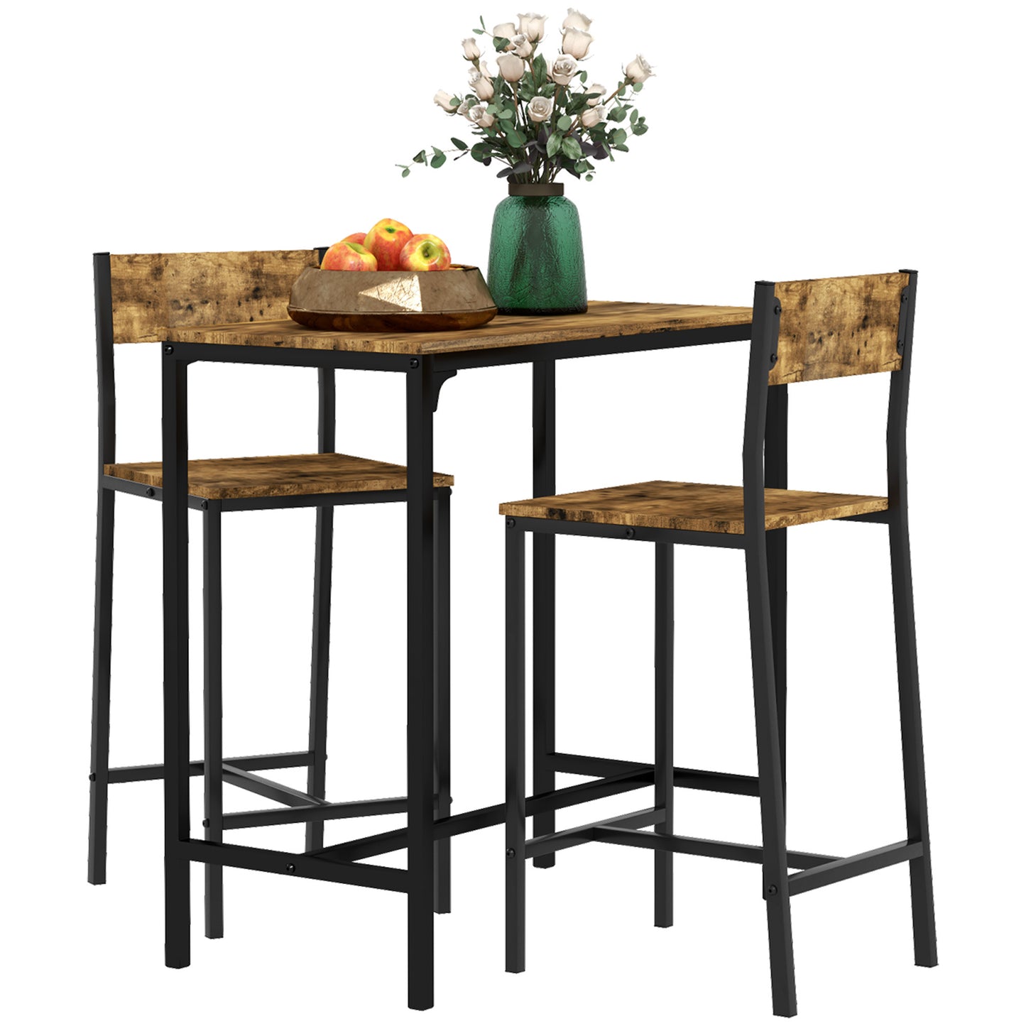 Barkrukken – Barstoelen – Barstoelen Met Rugleuning – Keukenstoelen – Statafel – Metaal – Waterbestendig – 3-delige Barset Rustiek Bruin