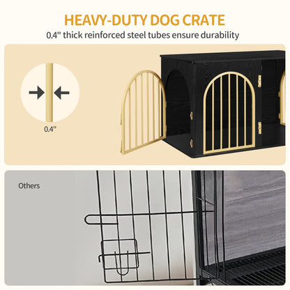 Modern & Black Dog Crate Furniture with 3-Arched Doors & Side Table - Sturdy Iron Construction, Spacious 100x60x63cm Indoor Kennel for Large Dogs, Durable Pet House with Storage Shelf, Decorative & Functional Design for Home - QUORE