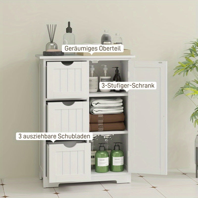 HOMCOM Modern White Bathroom Storage Cabinet with 3 Drawers & Adjustable Shelf - 60x30x80cm Glass Organizer, Pull-Out Shelves, Magnetic Door, Golden Knobs for Bathroom & Living Room Organization, Bathroom Organizers And Stora