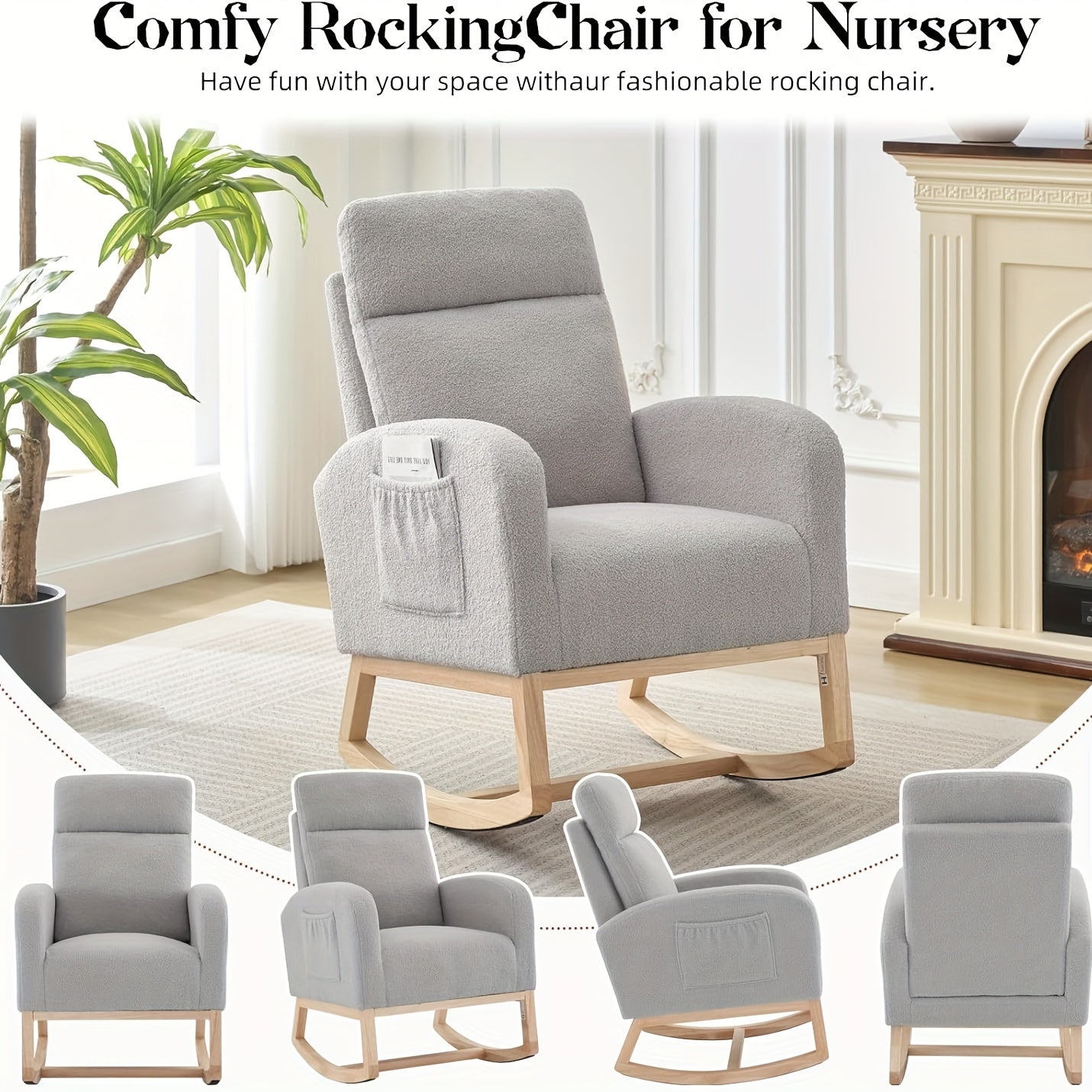 Schommelstoel Grijs – Schommelstoel Babykamer – Lounge Stoel Woonkamer – Relaxstoel Slaapkamer – Accentstoel Met Opbergtas – Stevig Rubberhout Frame – Ademend Linnen Bekleding