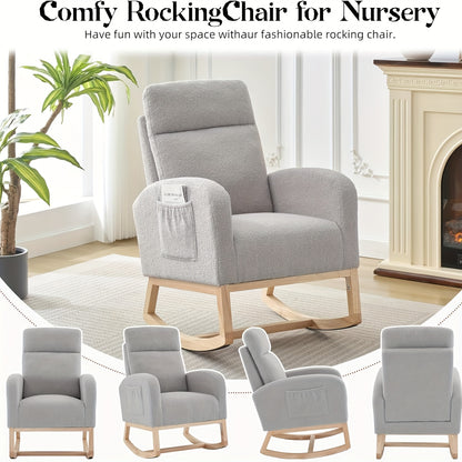 Schommelstoel Grijs – Schommelstoel Babykamer – Lounge Stoel Woonkamer – Relaxstoel Slaapkamer – Accentstoel Met Opbergtas – Stevig Rubberhout Frame – Ademend Linnen Bekleding