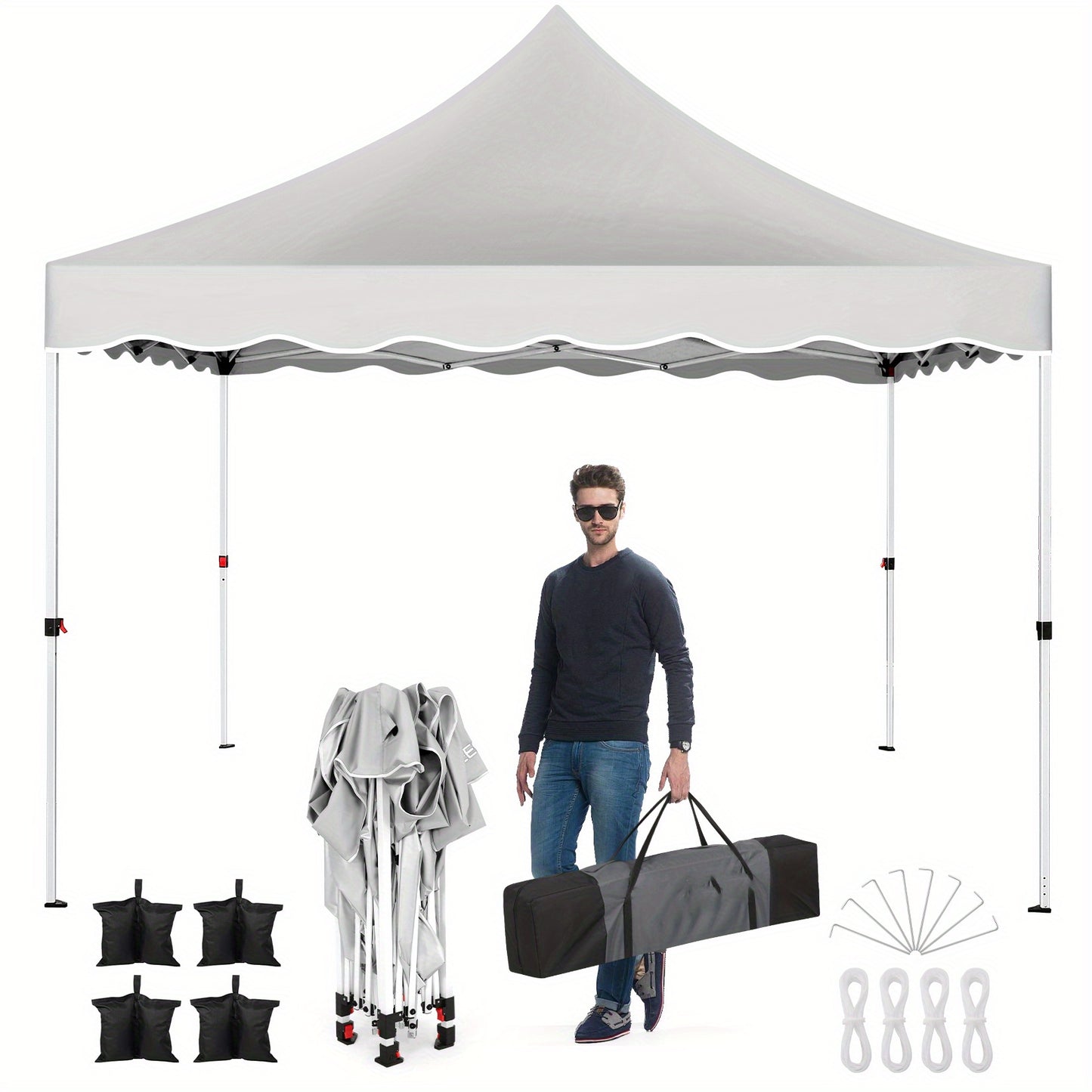 3.05x3.05meter Pop-up Canopy, No Side Walls, An Outdoor Canopy That Can Be Built By One Person, Height Adjustable, Suitable For Weddings, Camping, And Parties, Comes With A Handbag, Additional 4 Wind Ropes + 8 Ground Nails +