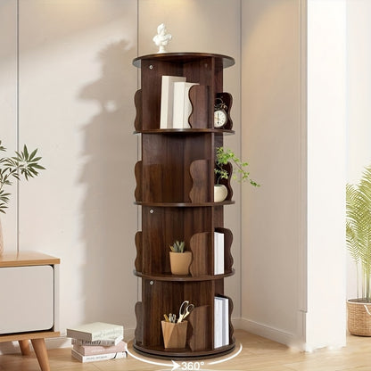 360° Draaibare Boekenplank – Draaibare Boekenkast – Rotatie Boekenrek – Verticale Boekenplank – Houten Boekenrek – 5 Lagen – Compact Ruimtebesparend Design – Massief Hout Retro Bruin