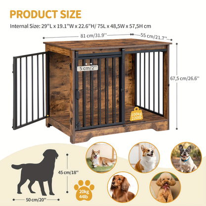 Wooden Dog Crate Furniture with Barn Door & Dual Lock - Escape-Proof Chewproof Kennel Suitable for Small/Medium Dogs, Rustic Brown Multi-Functional End Table/ Table/Bedside Cabinet - Space-Saving Indoor Dog House - QUORE