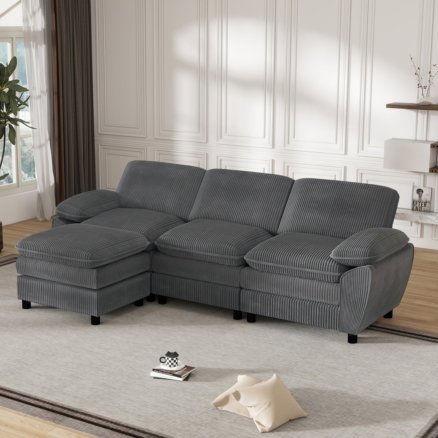 Driezitsbank – Bank – Sofa – Zithoek – Slaapbank – Grijs – Met Ottoman – Comfortabel Gestoffeerd