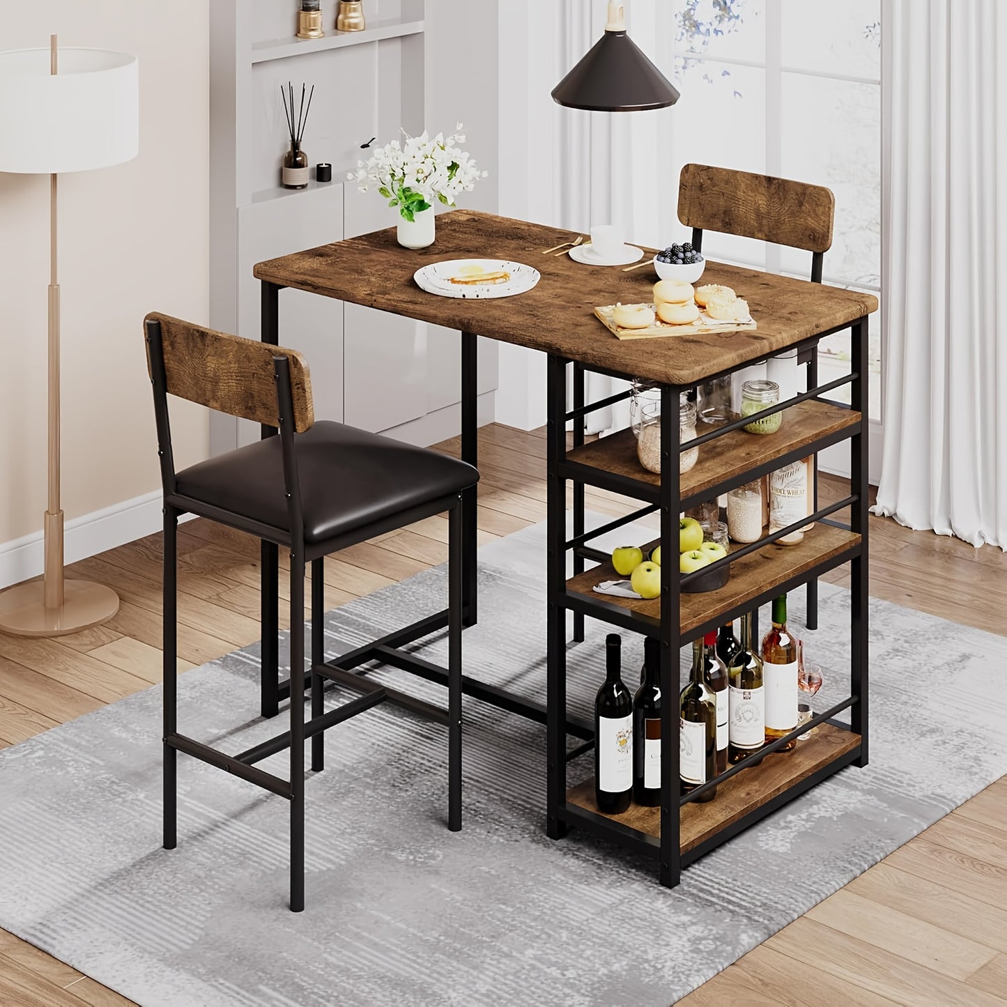 Bartafelset – Barkrukset – Barmeubel – Eetkamertafel – Bistrotstoel – Compact Houten Design – 3 Opbergrekken – PU Gestoffeerde Barkrukken – Bruin Vintage