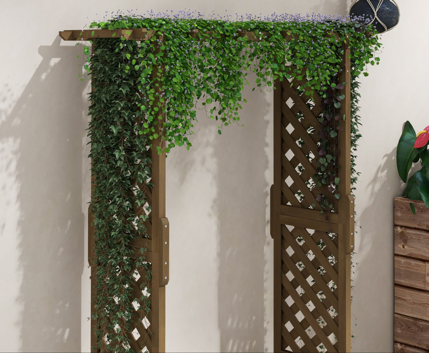 Plantenbak – Bloembak – Bloempot – Kweekbak – Tuinbak – Houten plantenbak op poten met boog en trellis – Groot formaat 112x41x180 cm – Voorbehandeld vurenhout met optimale waterafvoer