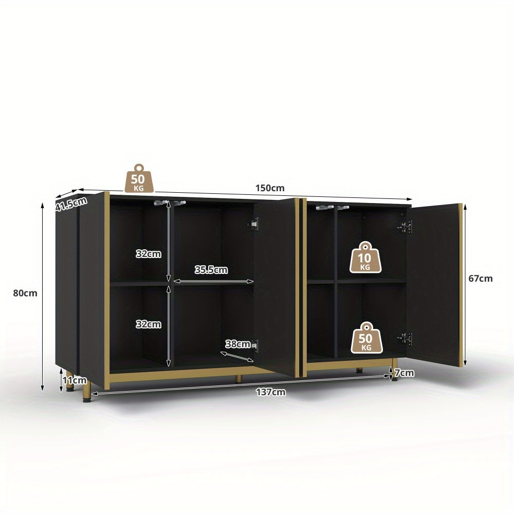 Dressoir – Sideboard – Opbergkast – Buffetkast – Kast – Modern Design – 150 cm – Golvende Ribbeldeuren – Verstelbare Metalen Poten – Zwart