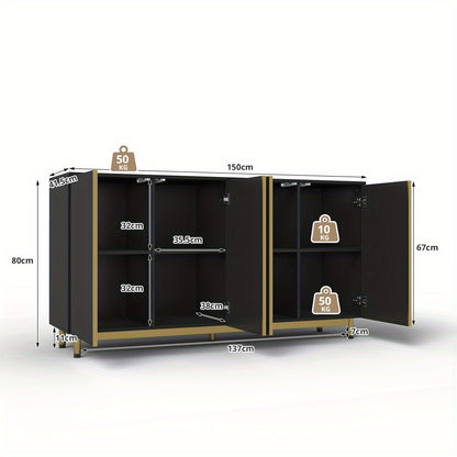 Dressoir – Sideboard – Opbergkast – Buffetkast – Kast – Modern Design – 150 cm – Golvende Ribbeldeuren – Verstelbare Metalen Poten – Zwart