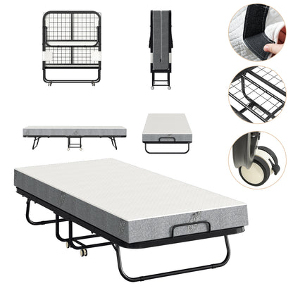 Opvouwbaar Bed – Logeerbed – Vouwbed – Gastbed – Klapbed – Met 13 Cm Dikke Matras – Carbonstalen Frame Met Wieltjes 90x200 Cm