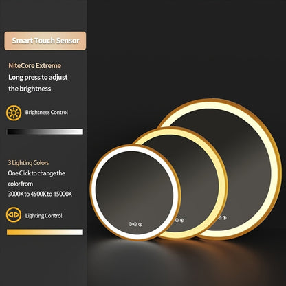 1pc Bathroom Golden Mirror With LED Light: Large Round Illuminated Wall Mirror With Brushed Aluminum Alloy Golden Frame Smart Touch Switch Demisting 3 Changeable Lighting Color, Memory Function