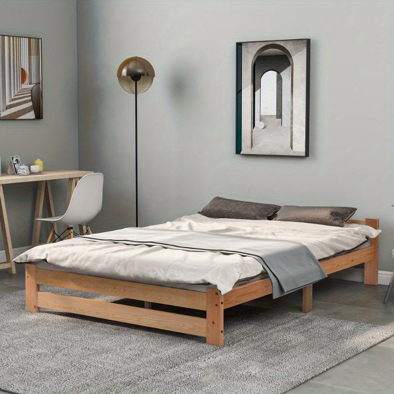Massief Houten Bedframe – Futon Bed – Platformbed – Slaapbank – Boxspringframe – Met Hoofdbord – Met Lattenbodem – Naturel Afwerking – 200x140 cm Queen Size – Scandinavisch Minimalistisch Design