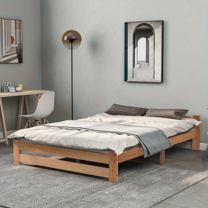 Massief Houten Bedframe – Futon Bed – Platformbed – Slaapbank – Boxspringframe – Met Hoofdbord – Met Lattenbodem – Naturel Afwerking – 200x140 cm Queen Size – Scandinavisch Minimalistisch Design