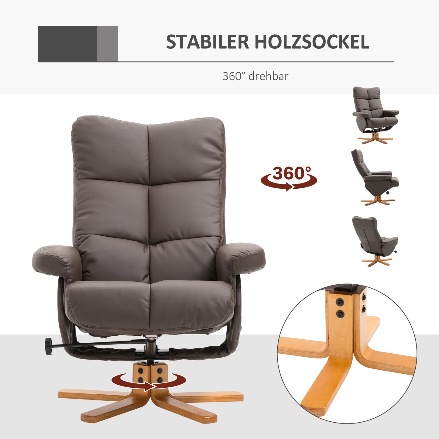 Relaxfauteuil – Relaxstoel – Draaifauteuil – Ligstoel – TV Stoel – Kunstleer – 360° Draaibaar – Verstelbare Rugleuning – Inclusief Hocker – Warm Bruin