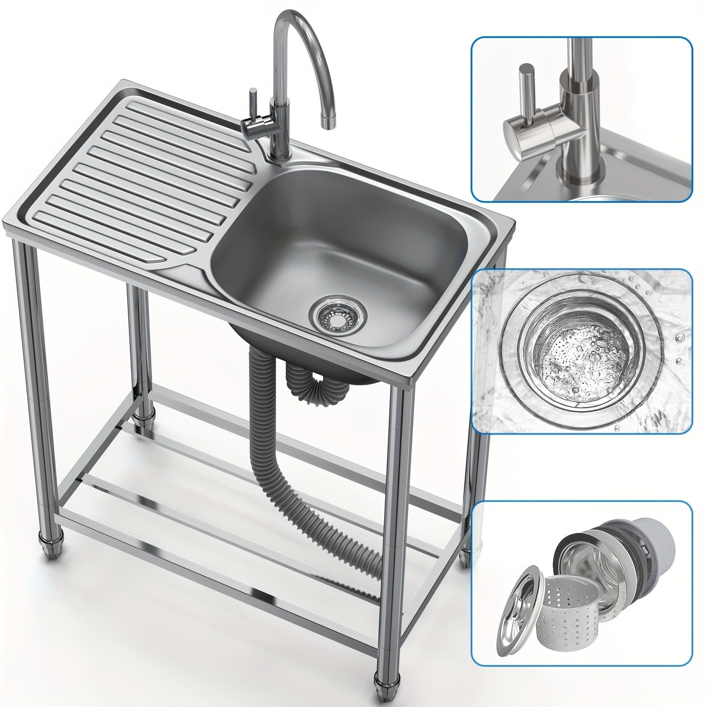 RVS Keukenspoelbak – Spoelbak Met Werkblad – Wasbak – Buitenkeuken Spoelbak – Vrijstaande Spoelbak – Roestvrij Staal – 75x40cm – Met Warm- En Koudwaterkraan – Duurzaam En Praktisch Design