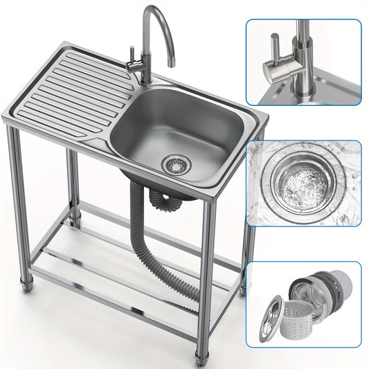 RVS Keukenspoelbak – Spoelbak Met Werkblad – Wasbak – Buitenkeuken Spoelbak – Vrijstaande Spoelbak – Roestvrij Staal – 75x40cm – Met Warm- En Koudwaterkraan – Duurzaam En Praktisch Design