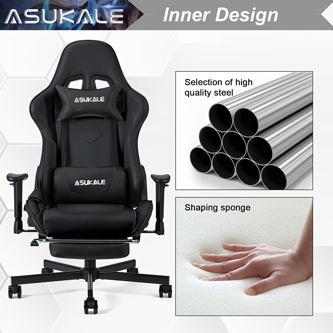 Gamingstoel – Gamestoel – Gaming Chair – Bureaustoel – Game Stoel – Ergonomisch Met Voetensteun – Verstelbare Hoogte En Lendensteun – PU Kunstleer Met 5-Wiel Onderstel – Grijs