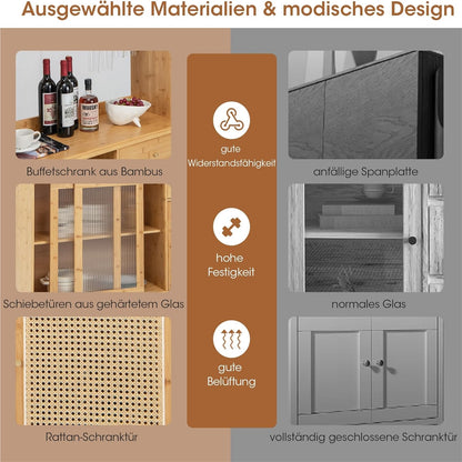 Buffetkast – Buffetkastje – Keukenkast – Opbergkast – Dressoir – Bamboe En Rattan – 120 cm Breed Werkblad – Schuifdeuren Met Glasrek