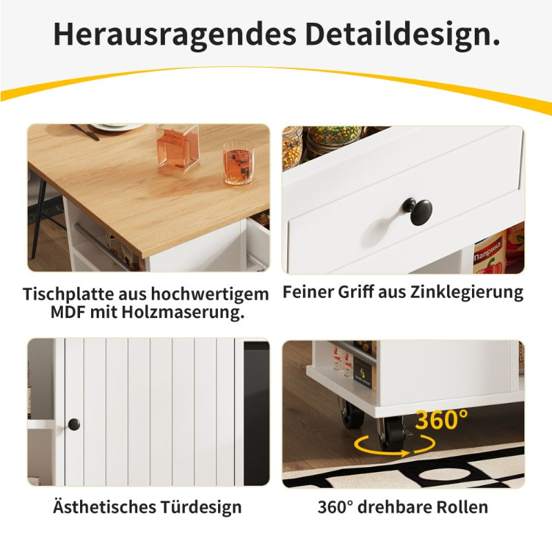 Keukenwagen – Keukentrolley – Serveerwagen – Keukenkast – Keukeneiland – Met Verwijderbare Indelingen – Houten Werkblad – 4 Zwenkwielen Met Rem – Wijnrek & Snackhouder