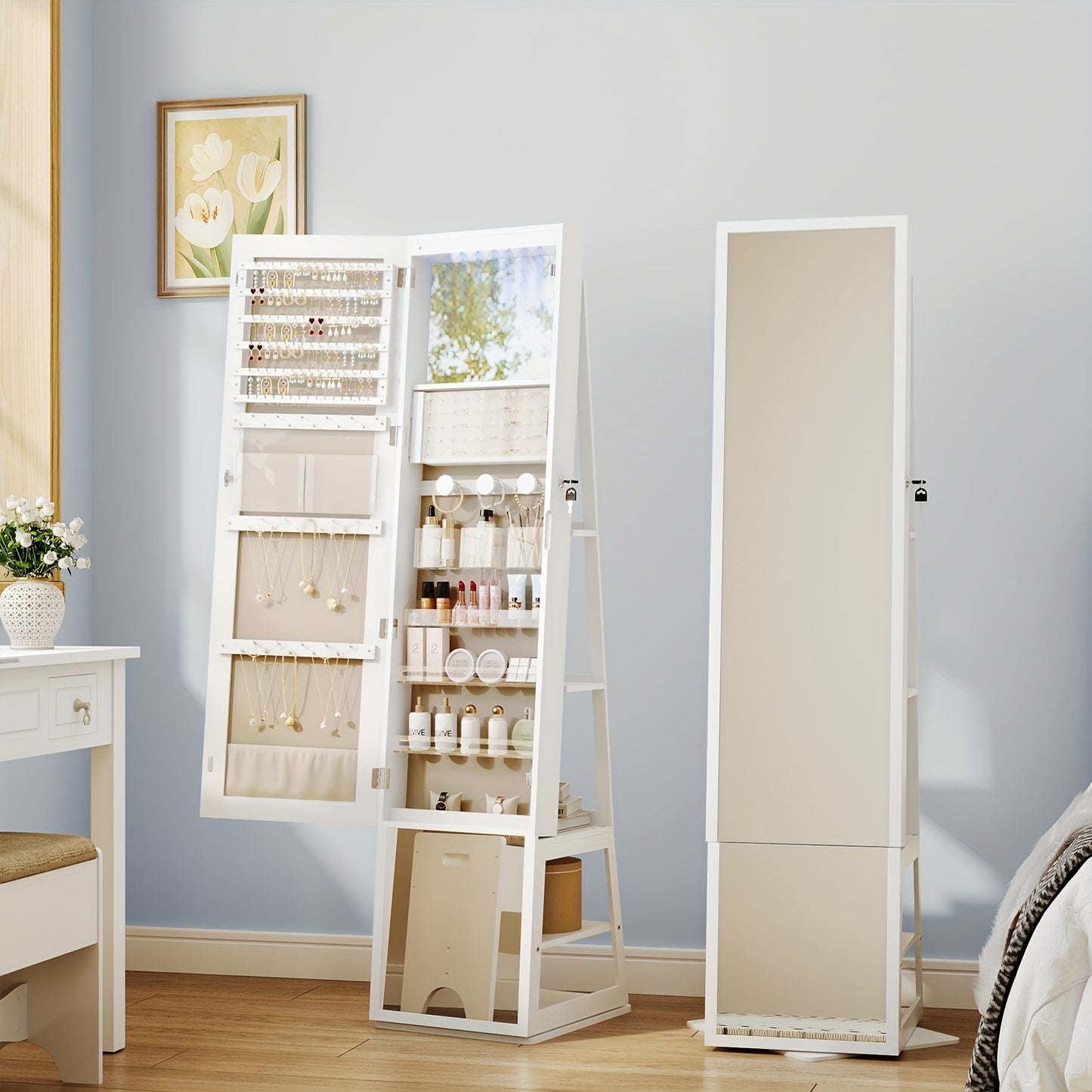 Sieradenkast – Juwelenkast – Spiegelkast – Sieradenopberger – Make-upkast – 4-in-1 Design – Afsluitbaar Met Volledige Spiegel – Vintage Kleur – MDF & Fluwelen Bekleding