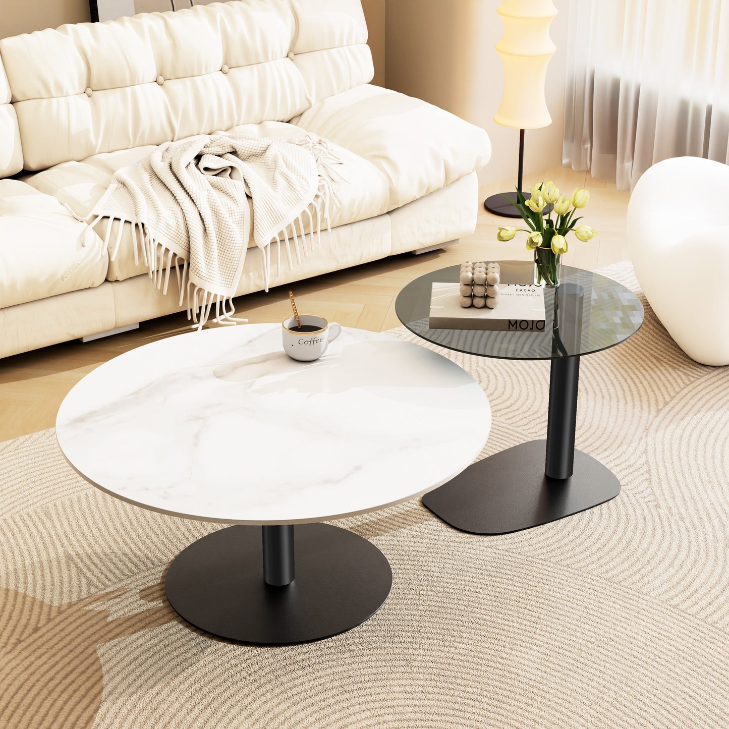 Ronde Salontafel Set – Bijzettafel – Nestbare Tafels – Koffietafel – Woonkamer Tafel – Wit Sintered Stone & Grijs Glas – Zwart Metalen Frame – Krasbestendig & Compact