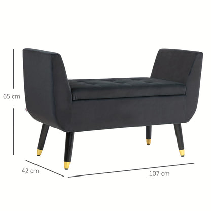 Deluxe Bench Upholstered Bench with Storage Space Armrests Bench Cabinet Bench Velvet Polyester Rubberwood Dark Grey 107 X 42 X 65cm