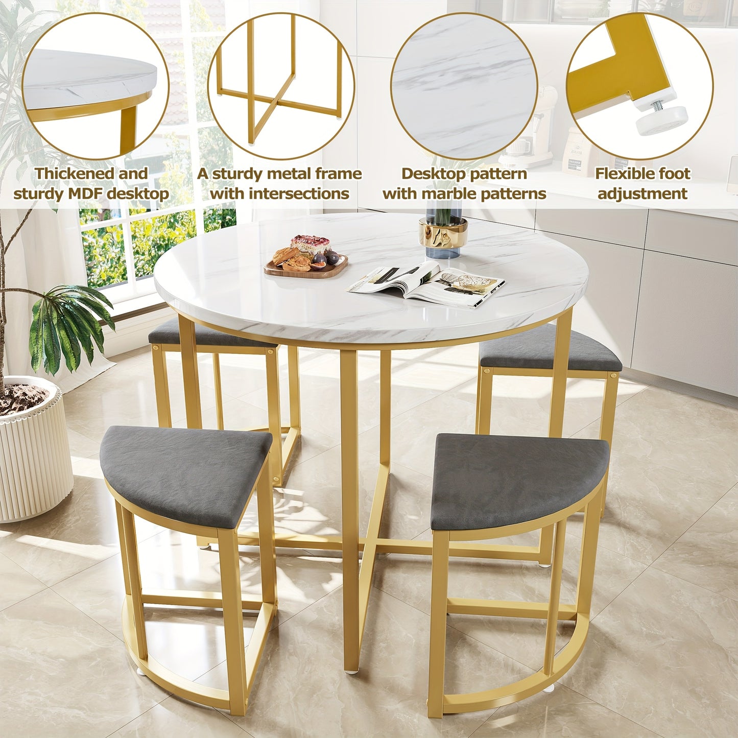 Eetkamerset – Eettafelset – Eettafel Met Stoelen – Dining Table Set – Velvet Stoelen – Compact Design – MDF Tafelblad Met Goudkleurig IJzerframe