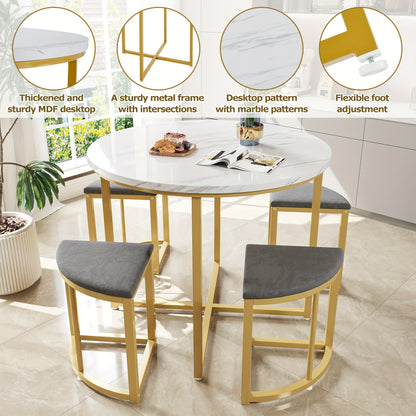 Eetkamerset – Eettafelset – Eettafel Met Stoelen – Dining Table Set – Velvet Stoelen – Compact Design – MDF Tafelblad Met Goudkleurig IJzerframe