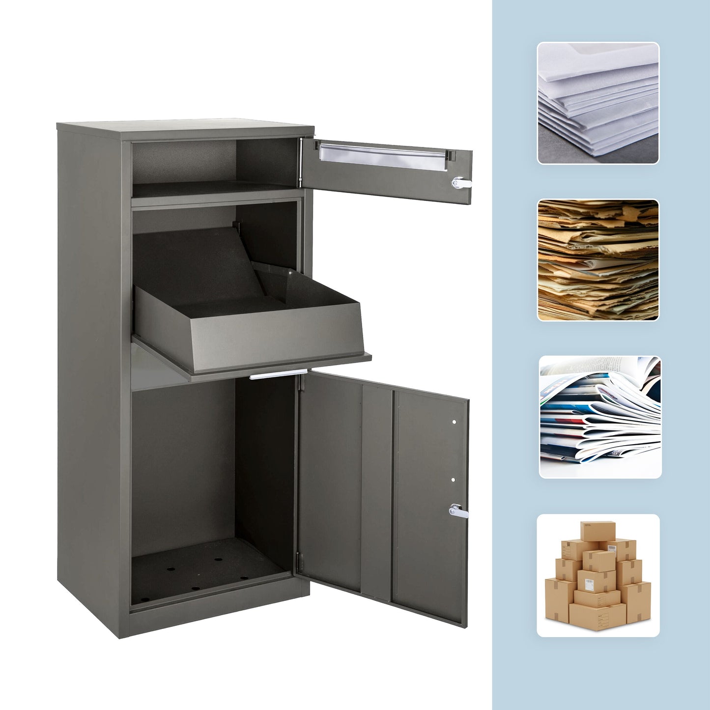 Brievenbus – Postbus – Pakketbrievenbus – Pakketbox – Brievenbus met Pakketvak – Donkergrijs – Ruim 112x50x37 cm – Weerbestendig Gepoedercoat Staal – Afsluitbaar Met 4 Sleutels