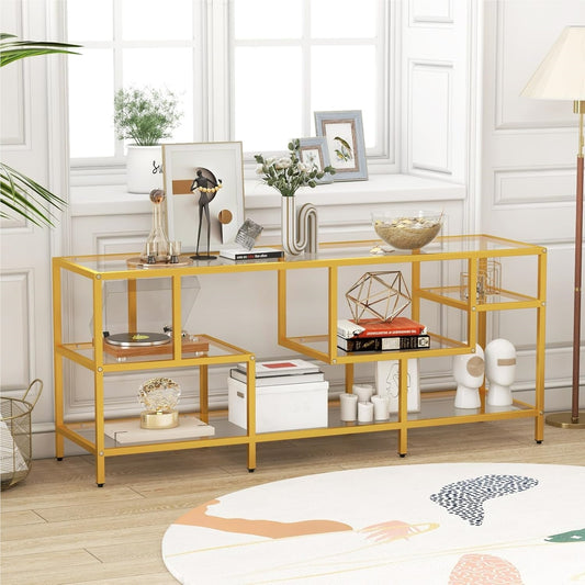 TV-meubel – TV-kast – Televisiemeubel – TV-standaard – Tv-dressoir – Met Gehard Glas – Stevige Metalen Constructie – Geschikt Voor TV’s Tot 65 Inch – Gouden Kleur – 147x40x62 cm