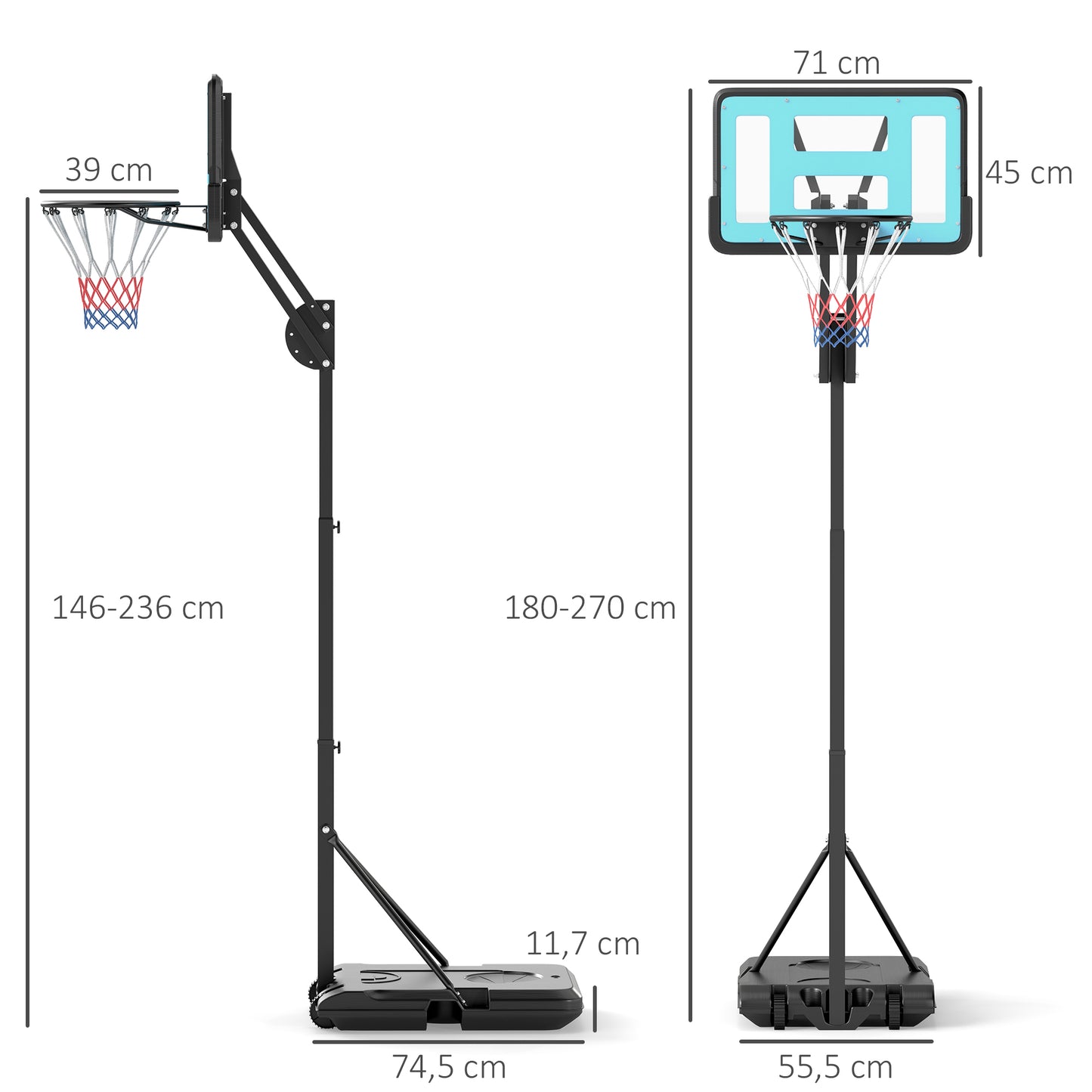 Basketbalpaal – Basketbalstandaard – Basketbalring – Basketbalring Met Net – Verstelbare Hoogte 146-236 cm – Stalen Frame En Verrijdbaar