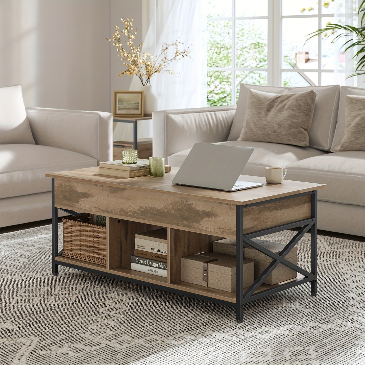 Salontafel – Koffietafel – Tafel – Lounge Tafel – Bijzettafel – Verstelbaar Lift-Top Blad – Opbergvak Met X-Vormige Poten – Donkerbruin Kunsthout – 60x120x48-62 cm