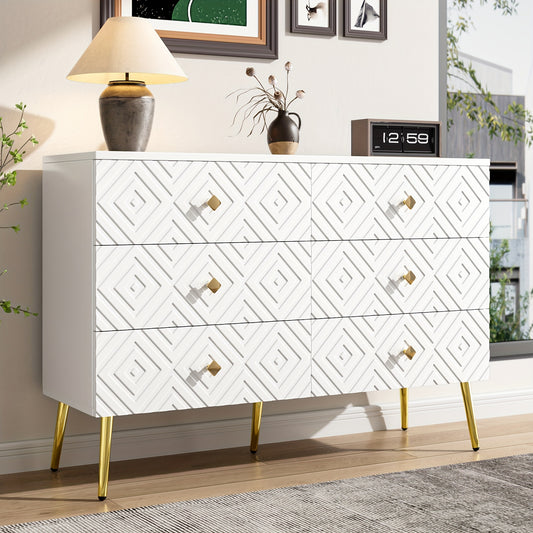 Modern Chest Of Six Drawers - 120x40x80 Cm - Elegant White With Golden - Perfect For The Bedroom And Living Room, Storage Drawer Units