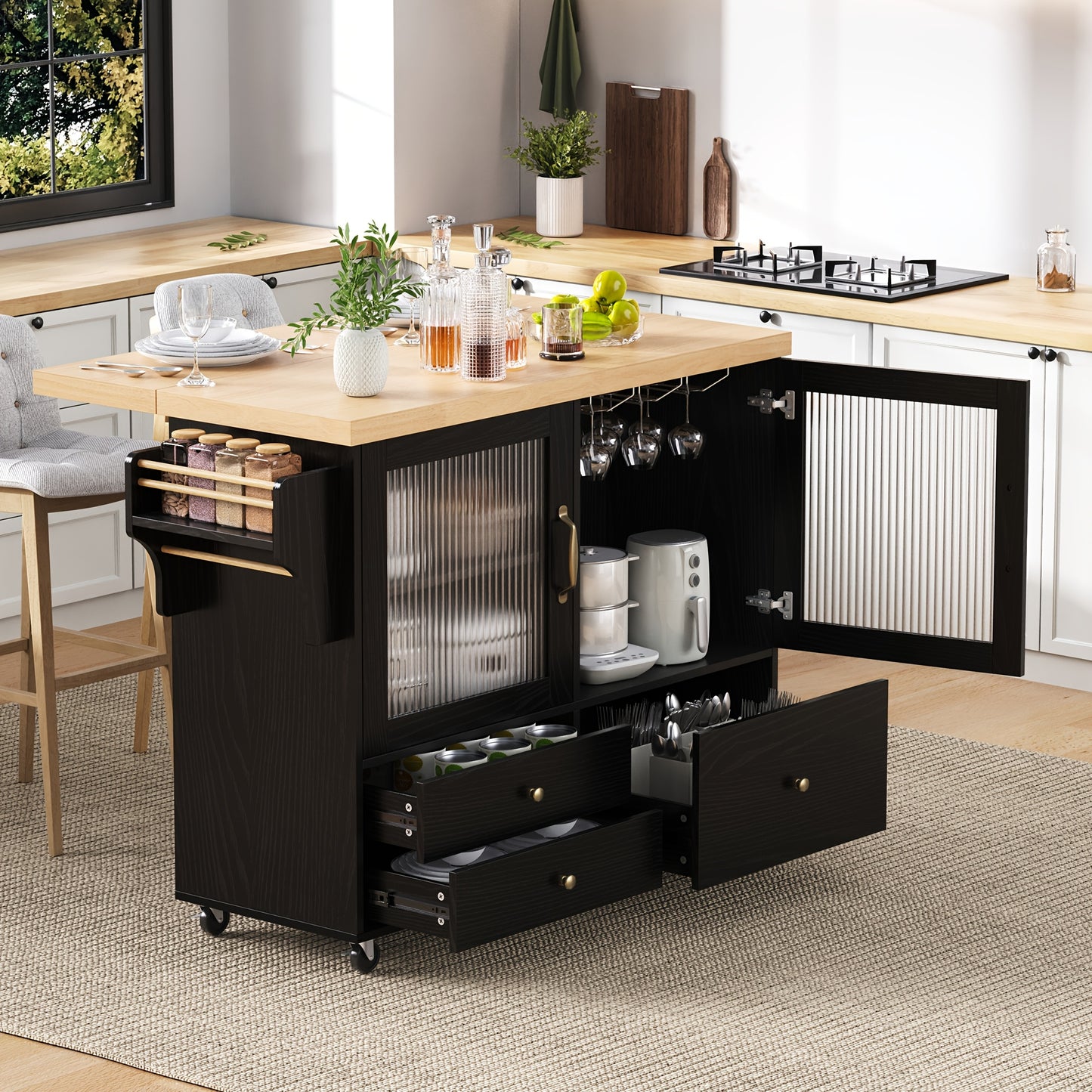 Mobiel Keukeneiland – Keukentrolley – Uitklapbare Tafel – Bartafel – Opbergmeubel – Zwenkwieltjes – Uitschuifbaar – Glazen Deuren