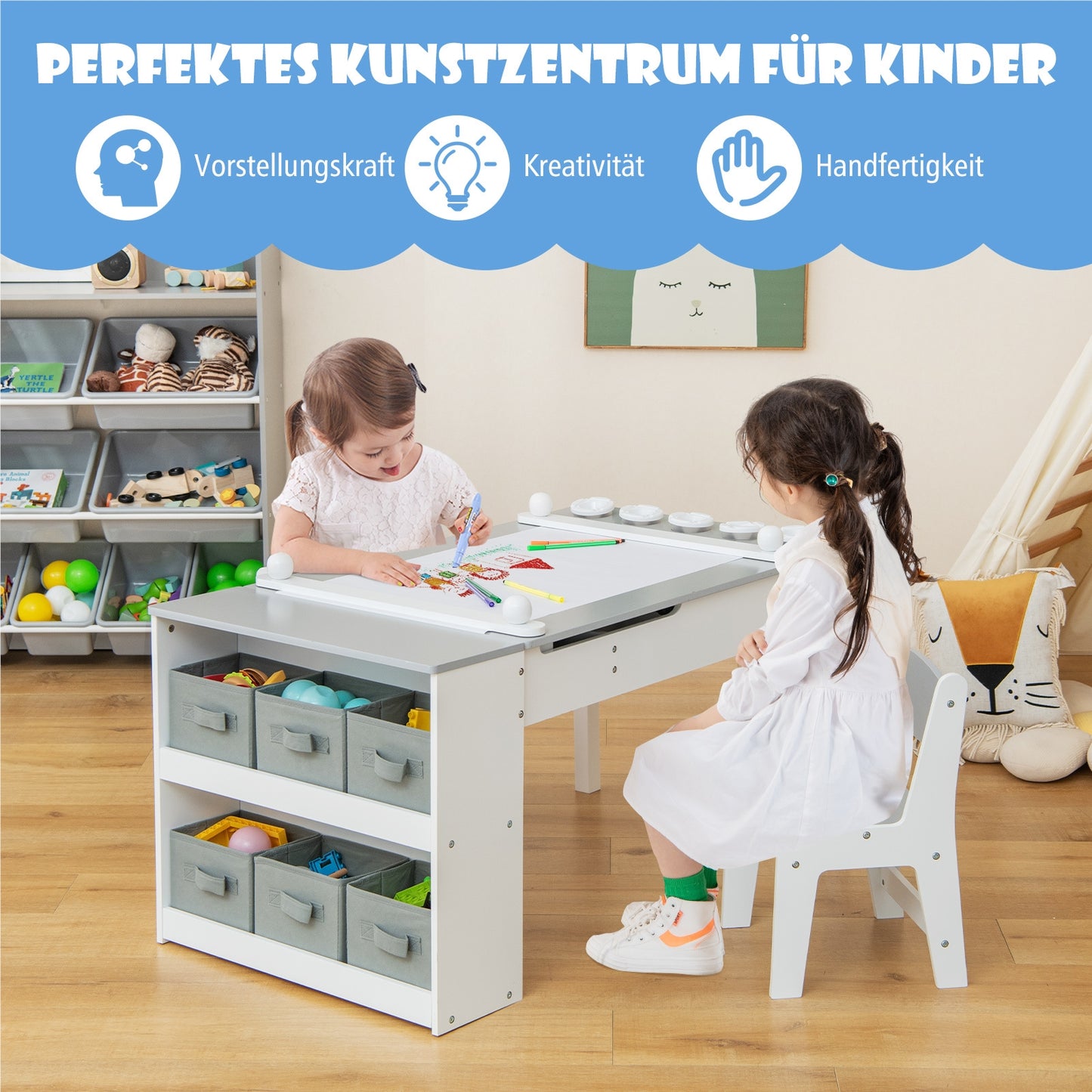 Kindertafel – Kinderbureau – Speeltafel – Knutseltafel – Schildersezel – Houten 3-in-1 Zetelset – Met Opbergruimte & Lift-Top Tafelblad – Grijs