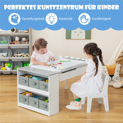 Kindertafel – Kinderbureau – Speeltafel – Knutseltafel – Schildersezel – Houten 3-in-1 Zetelset – Met Opbergruimte & Lift-Top Tafelblad – Grijs