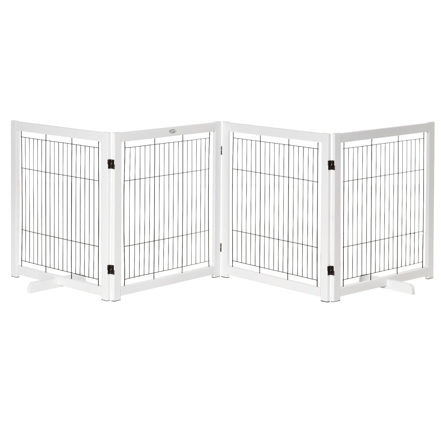 Houten Hondenhek – Hondenbarrière – Veiligheidshek – Hondenafscheiding – Vouwhek – Massief Dennenhout & Stalen Gaas – 4 Panelen Met Antislip Voeten – Wit 305x35,5x82 cm