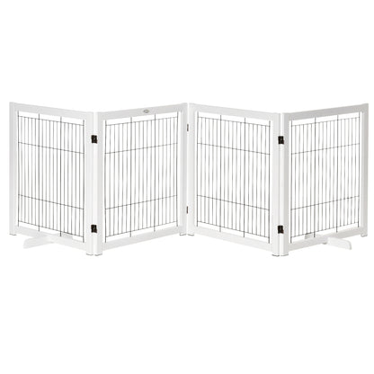 Houten Hondenhek – Hondenbarrière – Veiligheidshek – Hondenafscheiding – Vouwhek – Massief Dennenhout & Stalen Gaas – 4 Panelen Met Antislip Voeten – Wit 305x35,5x82 cm