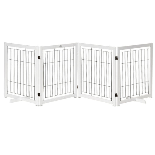 Houten Hondenhek – Hondenbarrière – Veiligheidshek – Hondenafscheiding – Vouwhek – Massief Dennenhout & Stalen Gaas – 4 Panelen Met Antislip Voeten – Wit 305x35,5x82 cm