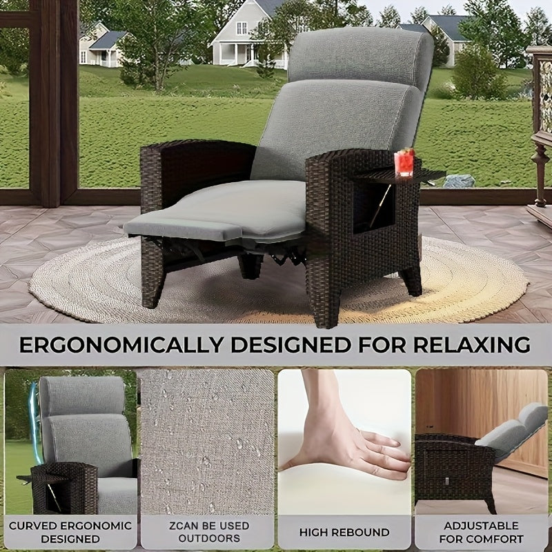 Designer Rattan Sofa & Chair Set - Ergonomic Memory Foam Cushion, Adjustable 160° Reclining Backrest, All-Weather Wicker Patio Furniture with Integrated Side Table, Removable Cushion Cover - Heavy-Duty Outdoor Garden Chair f